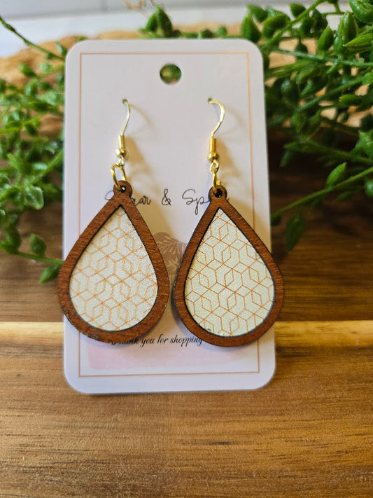 Gold Modern Pattern Wood Inlay Teardrop Earrings