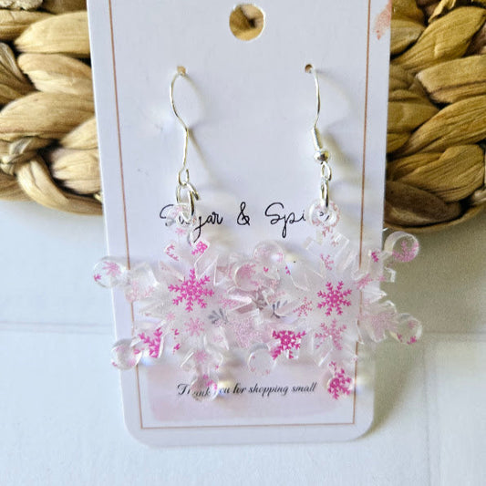 Pink Snowflake Frosted Acrylic Dangle Earrings