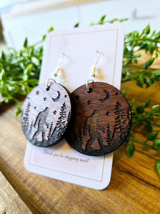 Sasquatch Wood Engraved Rustic Earrings