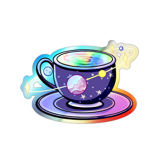 Holographic Space Tea Cup Stickers — Die-Cut Planet Tea