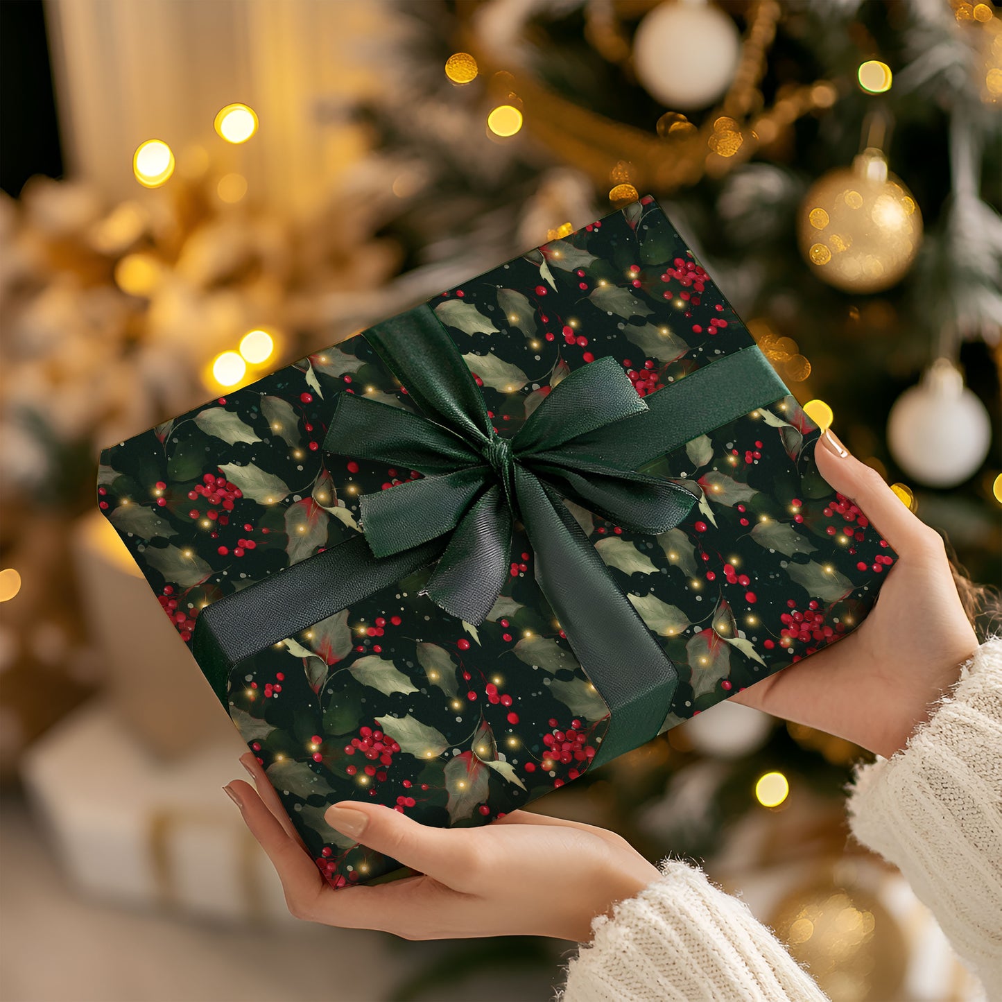 Holly and Lights Dark Christmas Wrapping Paper Sheets (5 sheets)