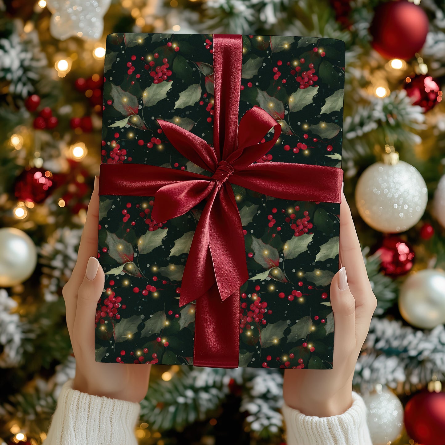Holly and Lights Dark Christmas Wrapping Paper Sheets (5 sheets)