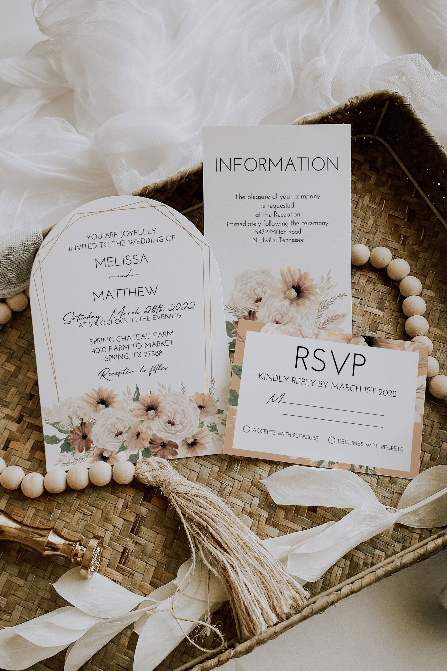 Boho Floral Arch with Gold Wedding Invitation