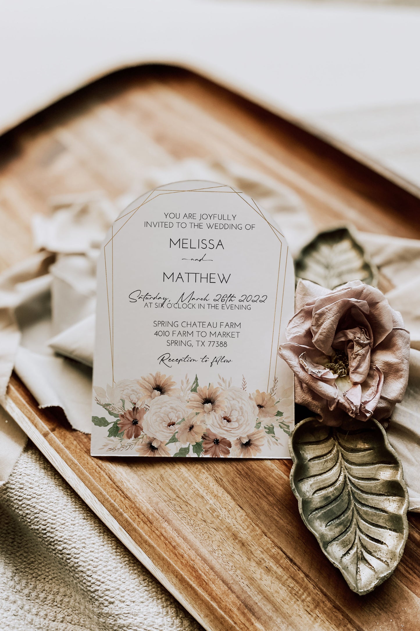 Boho Floral Arch with Gold Wedding Invitation