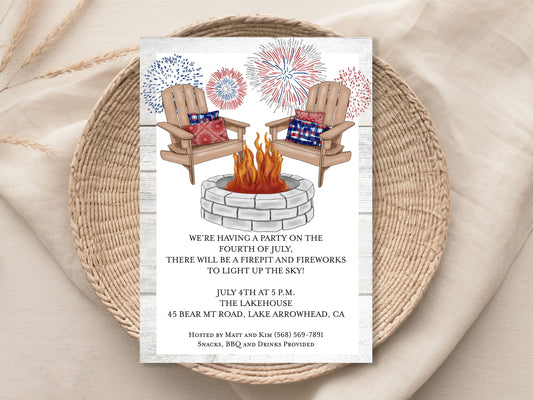 Firepit and Fireworks Fourth of July Invitation