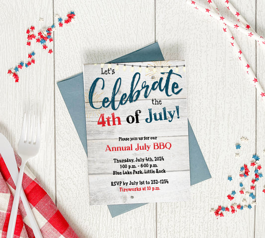Rustic Wood BBQ & Fireworks Fourth of July Invitation